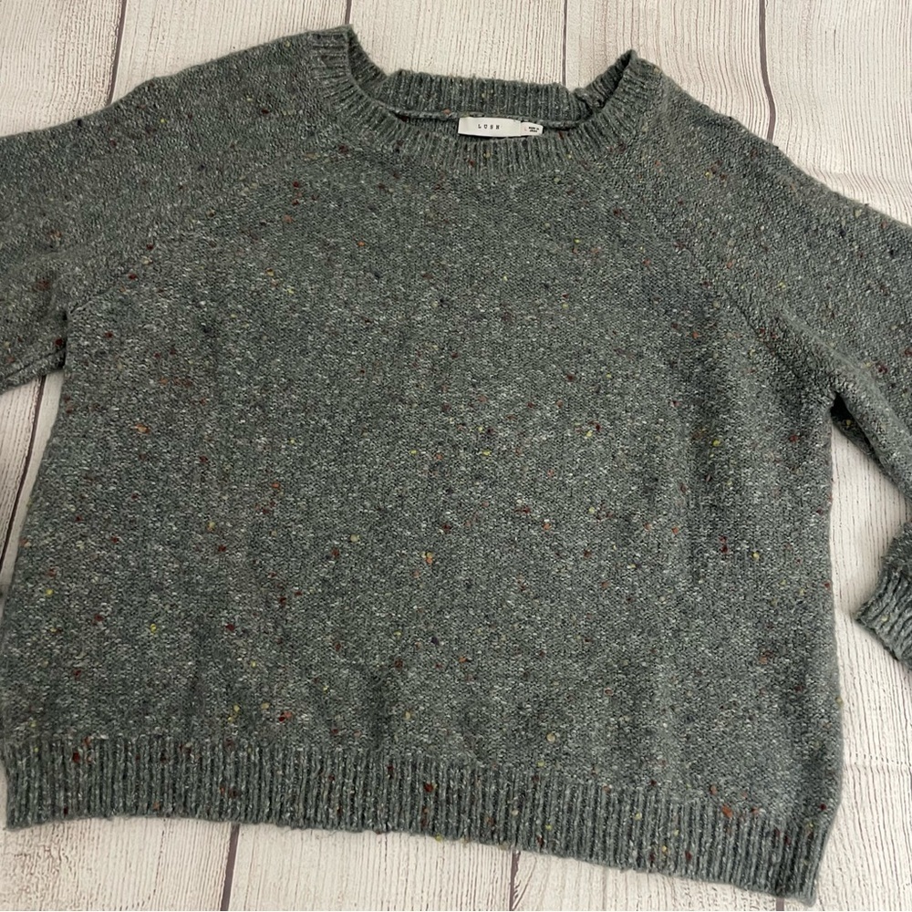 LUSH Women's Cozy Gray Speckled Crewneck Sweater With Balloon Sleeves Size Large - Picture 3 of 11